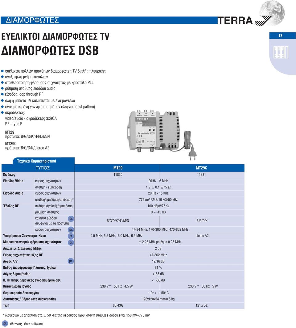 MT29 πρότυπα: B/G/D/K/H/I/L/M/N MT29C πρότυπα: B/G/D/K/stereo A2 ΤΥΠΟΣ MT29 MT29C Κωδικός 11830 11831 Είσοδος Video εύρος συχνοτήτων 20 Hz - 6 MHz στάθμη / εμπέδαση 1 V ± 0.