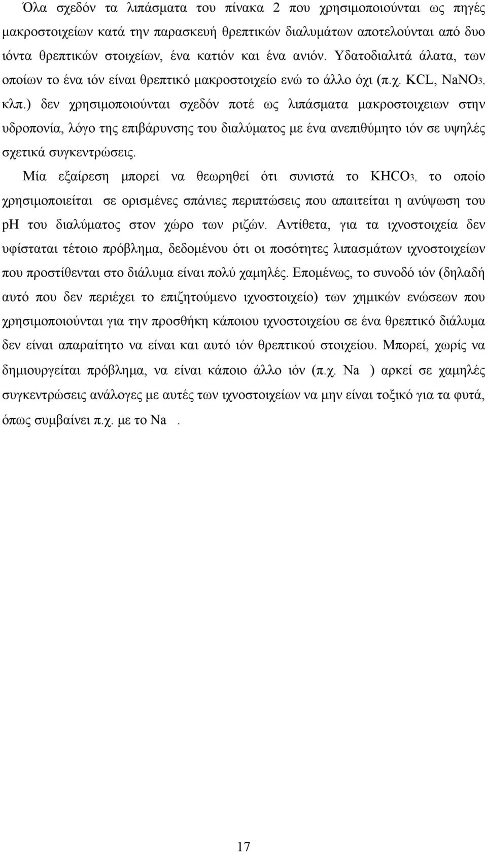 ) δεν χρησιμοποιούνται σχεδόν ποτέ ως λιπάσματα μακροστοιχειων στην υδροπονία, λόγο της επιβάρυνσης του διαλύματος με ένα ανεπιθύμητο ιόν σε υψηλές σχετικά συγκεντρώσεις.