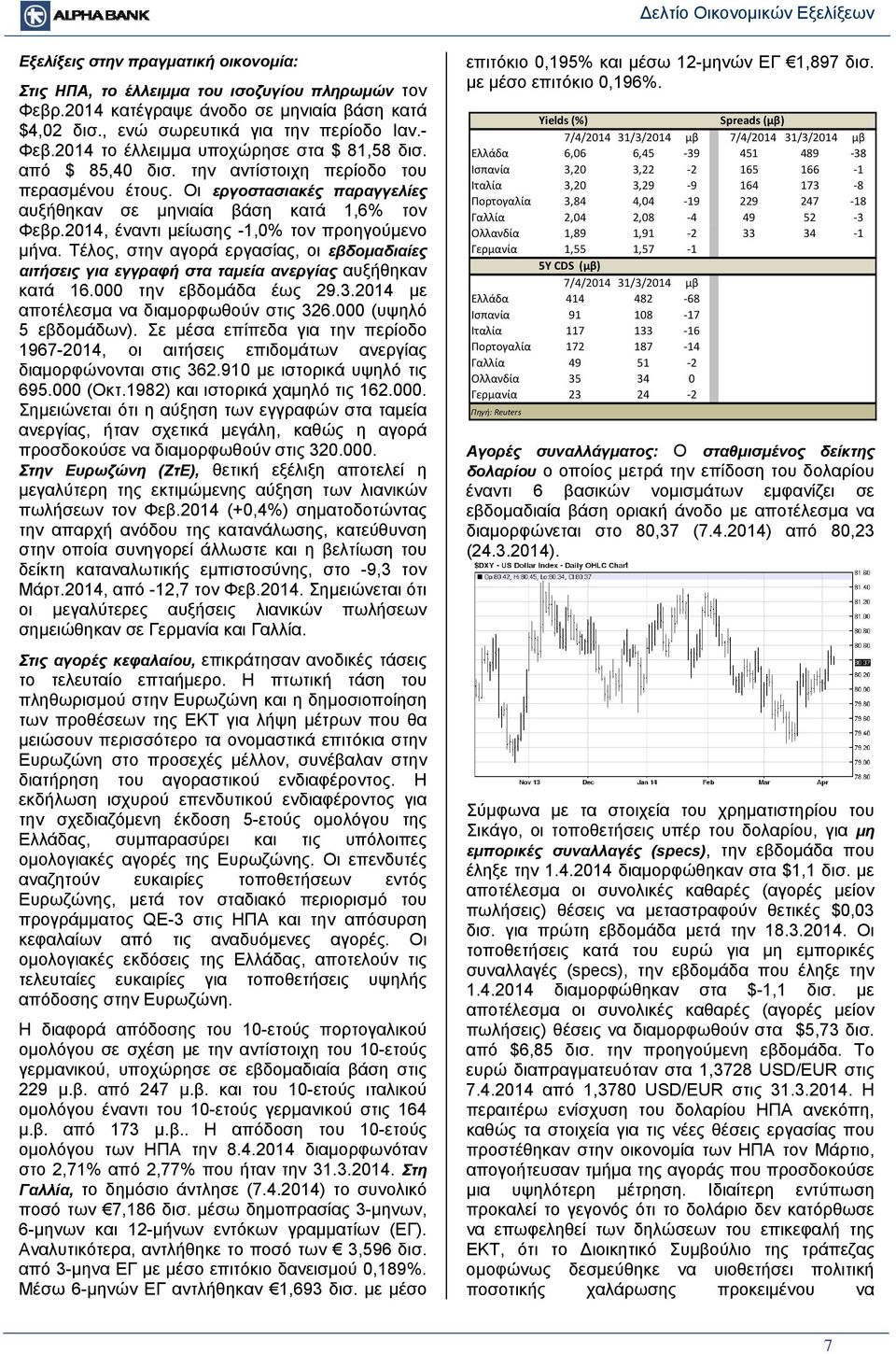 2014, έναντι μείωσης -1,0% τον προηγούμενο μήνα. Τέλος, στην αγορά εργασίας, οι εβδομαδιαίες αιτήσεις για εγγραφή στα ταμεία ανεργίας αυξήθηκαν κατά 16.000 την εβδομάδα έως 29.3.