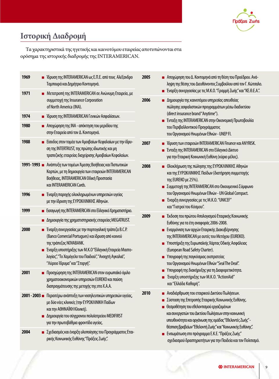 1974 Ίδρυση της INTERAMERICAN Γενικών Ασφαλίσεων. 1980 Αποχώρηση της ΙΝΑ - απόκτηση του μεριδίου της στην Εταιρεία από τον Δ. Κοντομηνά.