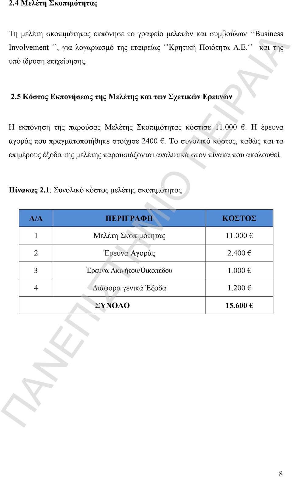 Η έρευνα αγοράς που πραγματοποιήθηκε στοίχισε 2400. Το συνολικό κόστος, καθώς και τα επιμέρους έξοδα της μελέτης παρουσιάζονται αναλυτικά στον πίνακα που ακολουθεί.