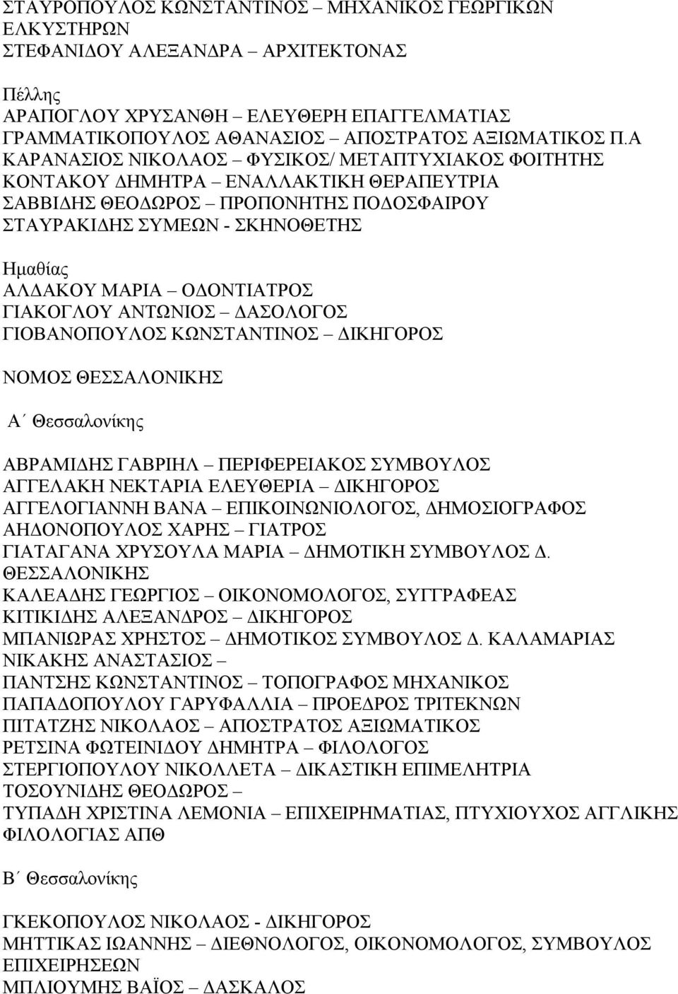 ΟΔΟΝΤΙΑΤΡΟΣ ΓΙΑΚΟΓΛΟΥ ΑΝΤΩΝΙΟΣ ΔΑΣΟΛΟΓΟΣ ΓΙΟΒΑΝΟΠΟΥΛΟΣ ΚΩΝΣΤΑΝΤΙΝΟΣ ΔΙΚΗΓΟΡΟΣ ΝΟΜΟΣ ΘΕΣΣΑΛΟΝΙΚΗΣ Α Θεσσαλονίκης ΑΒΡΑΜΙΔΗΣ ΓΑΒΡΙΗΛ ΠΕΡΙΦΕΡΕΙΑΚΟΣ ΣΥΜΒΟΥΛΟΣ ΑΓΓΕΛΑΚΗ ΝΕΚΤΑΡΙΑ ΕΛΕΥΘΕΡΙΑ ΔΙΚΗΓΟΡΟΣ