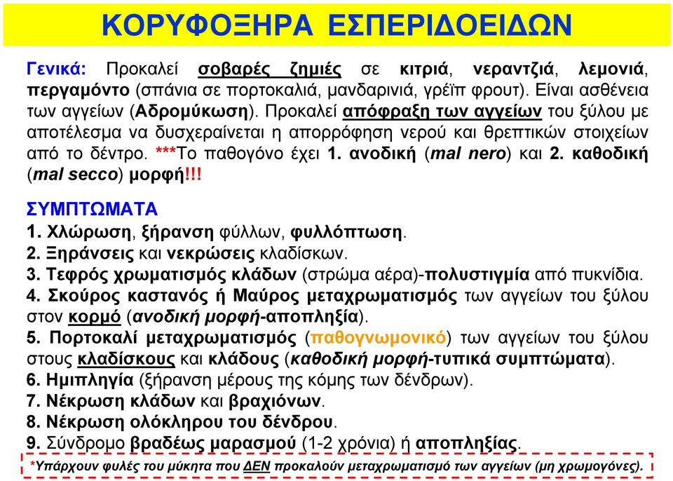 καθοδική (mal secco) μορφή!!! ΣΥΜΠΤΩΜΑΤΑ 1. Χλώρωση, ξήρανση φύλλων, φυλλόπτωση. 2. Ξηράνσεις και νεκρώσεις κλαδίσκων. 3. Τεφρός χρωματισμός κλάδων (στρώμα αέρα)-πολυστιγμία από πυκνίδια. 4.