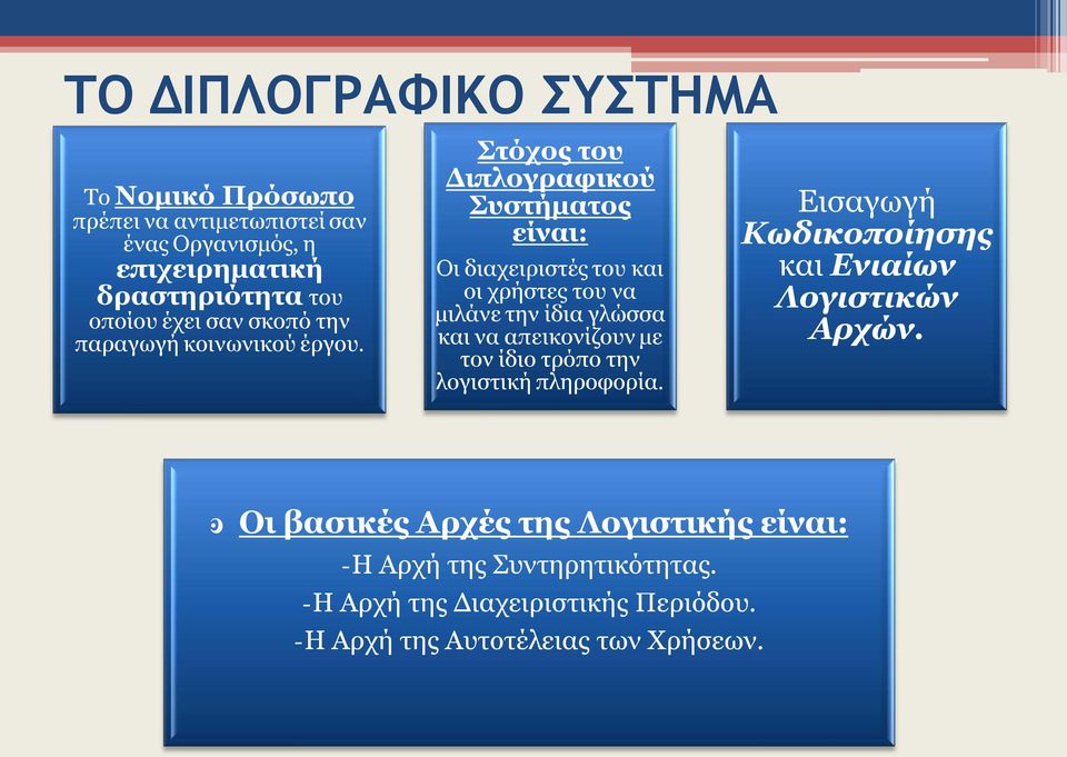 Στόχος του Διπλογραφικού Συστήματος είναι: Οι διαχειριστές του και οι χρήστες του να μιλάνε την ίδια γλώσσα και να απεικονίζουν με τον