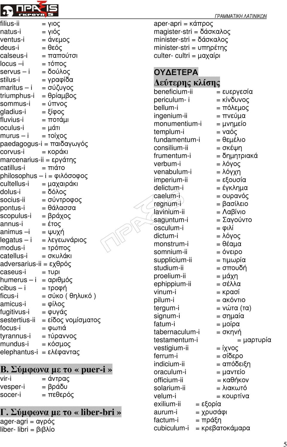 µαχαιράκι dolus-i = δόλος socius-ii = σύντροφος pontus-i = θάλασσα scopulus-i = βράχος annus-i = έτος animus i = ψυχή legatus i = λεγεωνάριος modus-i = τρόπος catellus-i = σκυλάκι adversarius-ii =