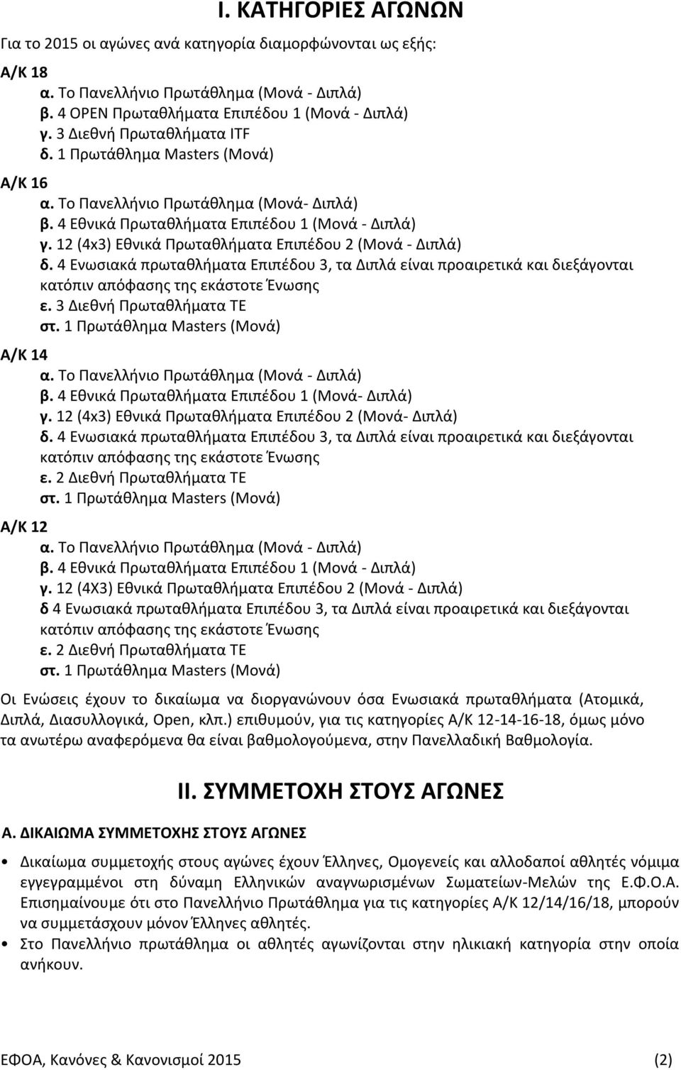 12 (4x3) Εθνικά Πρωταθλήματα Επιπέδου 2 (Μονά - Διπλά) δ. 4 Ενωσιακά πρωταθλήματα Επιπέδου 3, τα Διπλά είναι προαιρετικά και διεξάγονται κατόπιν απόφασης της εκάστοτε Ένωσης ε.