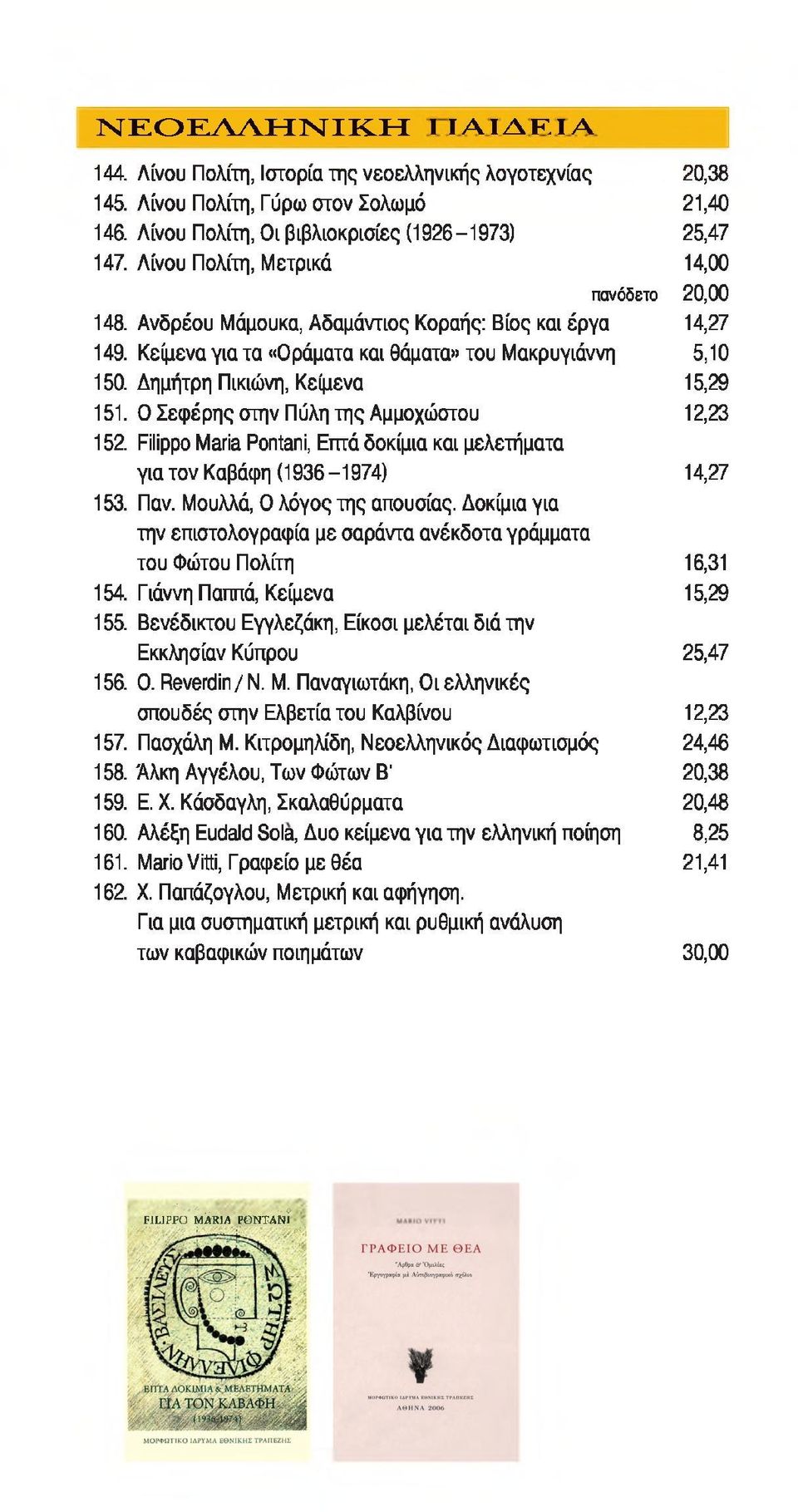 Δημήτρη Πικιώνη, Κείμενα 15,29 151. Ο Σεφέρης στην Πύλη της Αμμοχώστου 12,23 152. Filippo Maria Pontani, Επτά δοκίμια και μελετήματα για τον Καβάφη (1936-1974) 14,27 153. Παν.