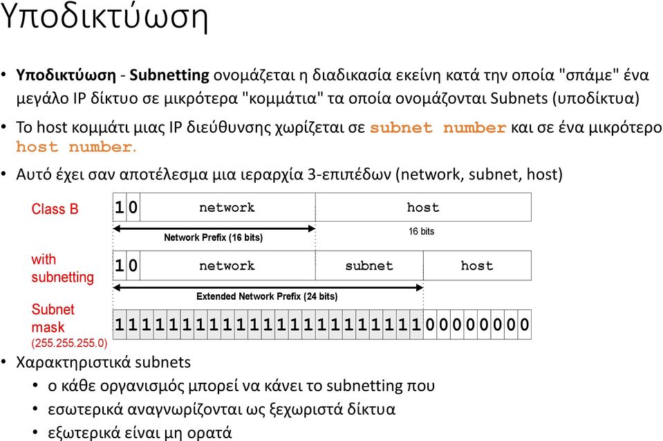 Αυτό έχει σαν αποτέλεσμα μια ιεραρχία 3-επιπέδων (network, subnet, host) Class B network host with subnetting Subnet mask (255.