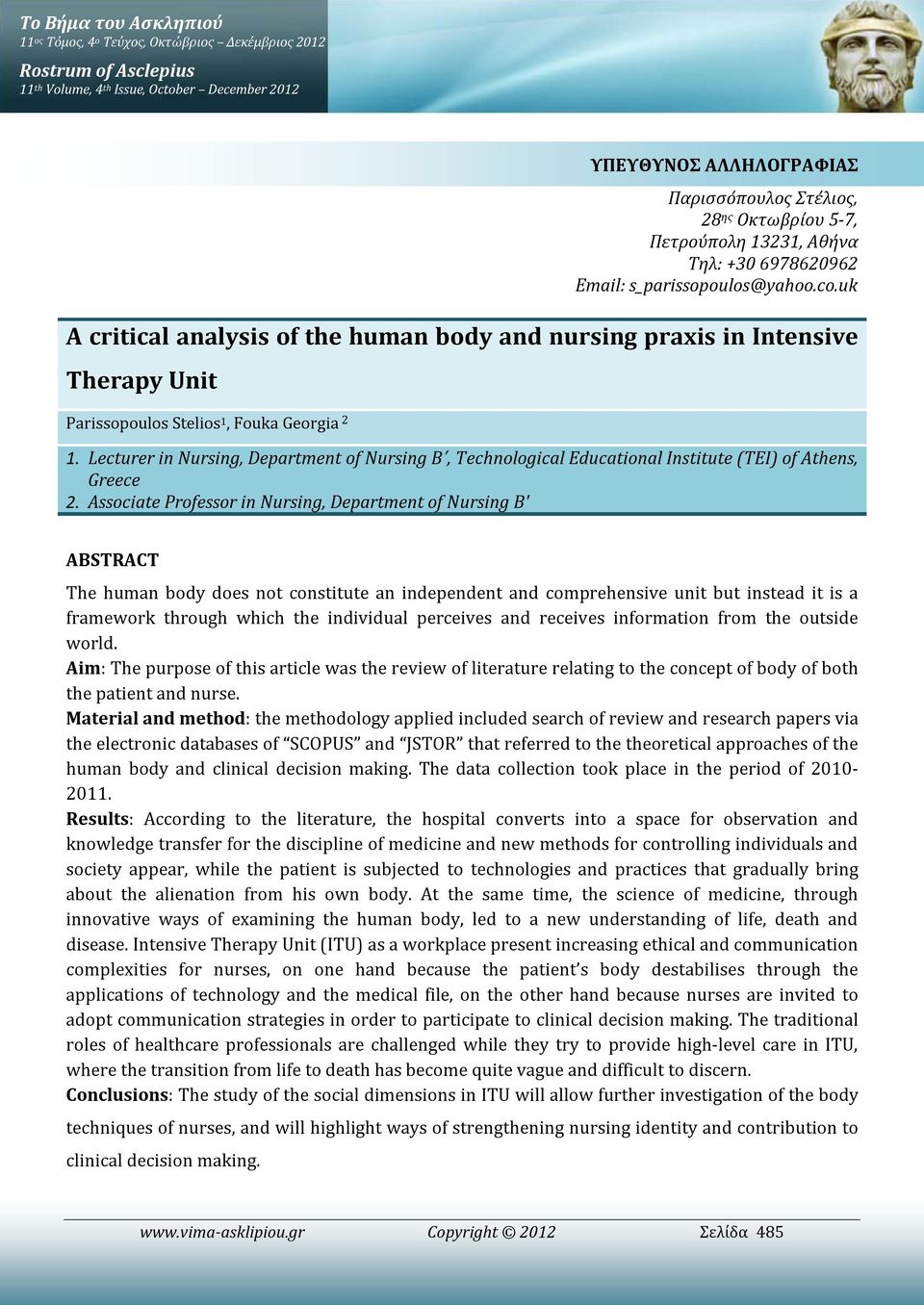 uk A critical analysis of the human body and nursing praxis in Intensive Therapy Unit Parissopoulos Stelios 1, Fouka Georgia 2 1.