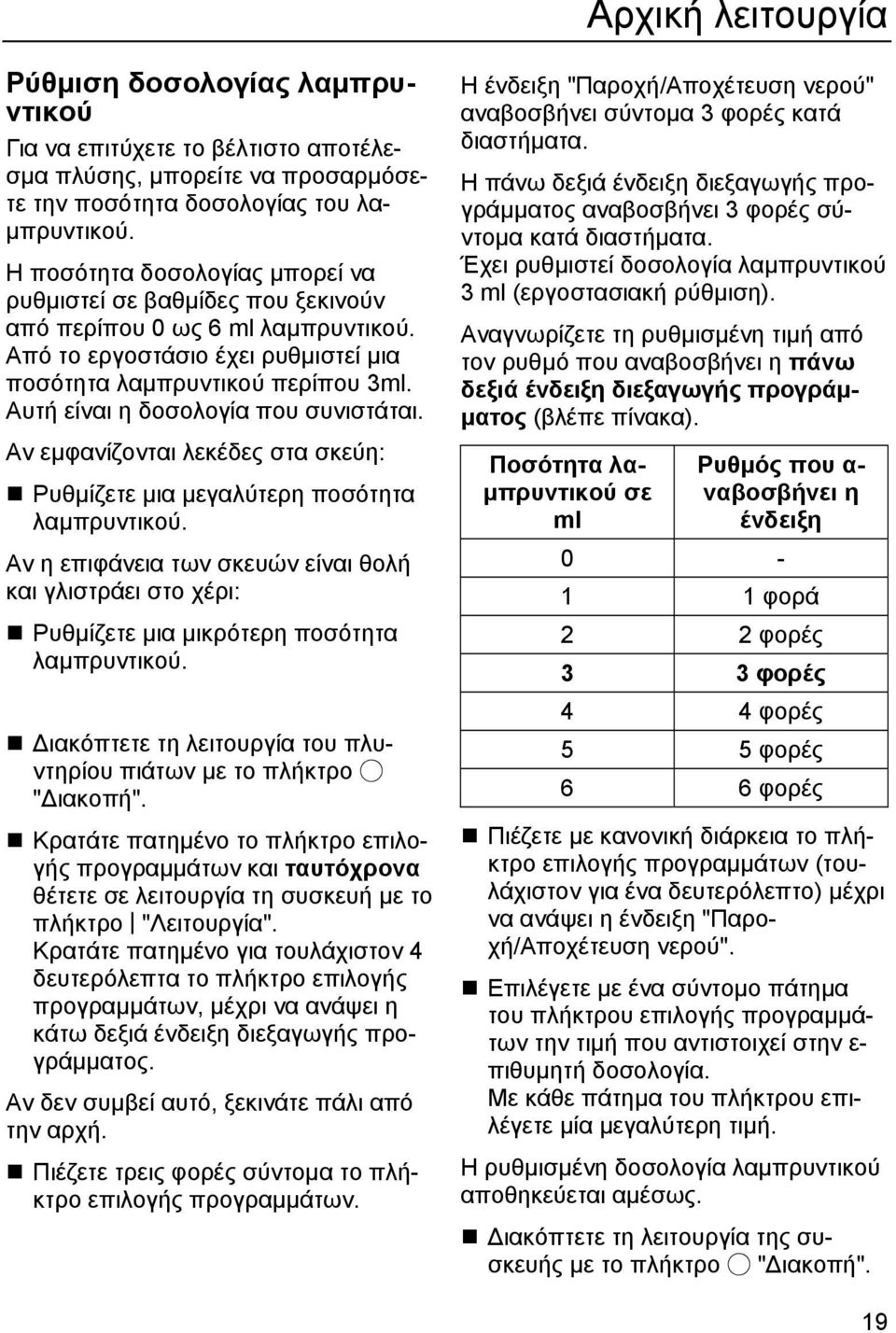 Αυτή είναι η δοσολογία που συνιστάται. Αν εµφανίζονται λεκέδες στα σκεύη: Ρυθµίζετε µια µεγαλύτερη ποσότητα λαµπρυντικού.