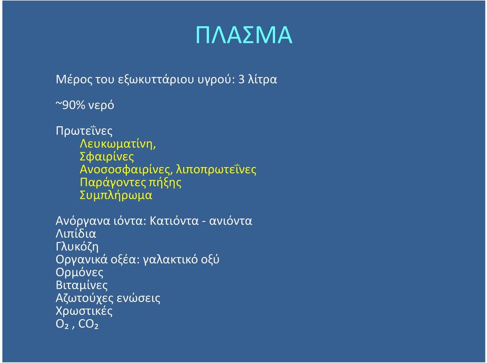 Συμπλήρωμα Ανόργανα ιόντα: Κατιόντα - ανιόντα Λιπίδια Γλυκόζη