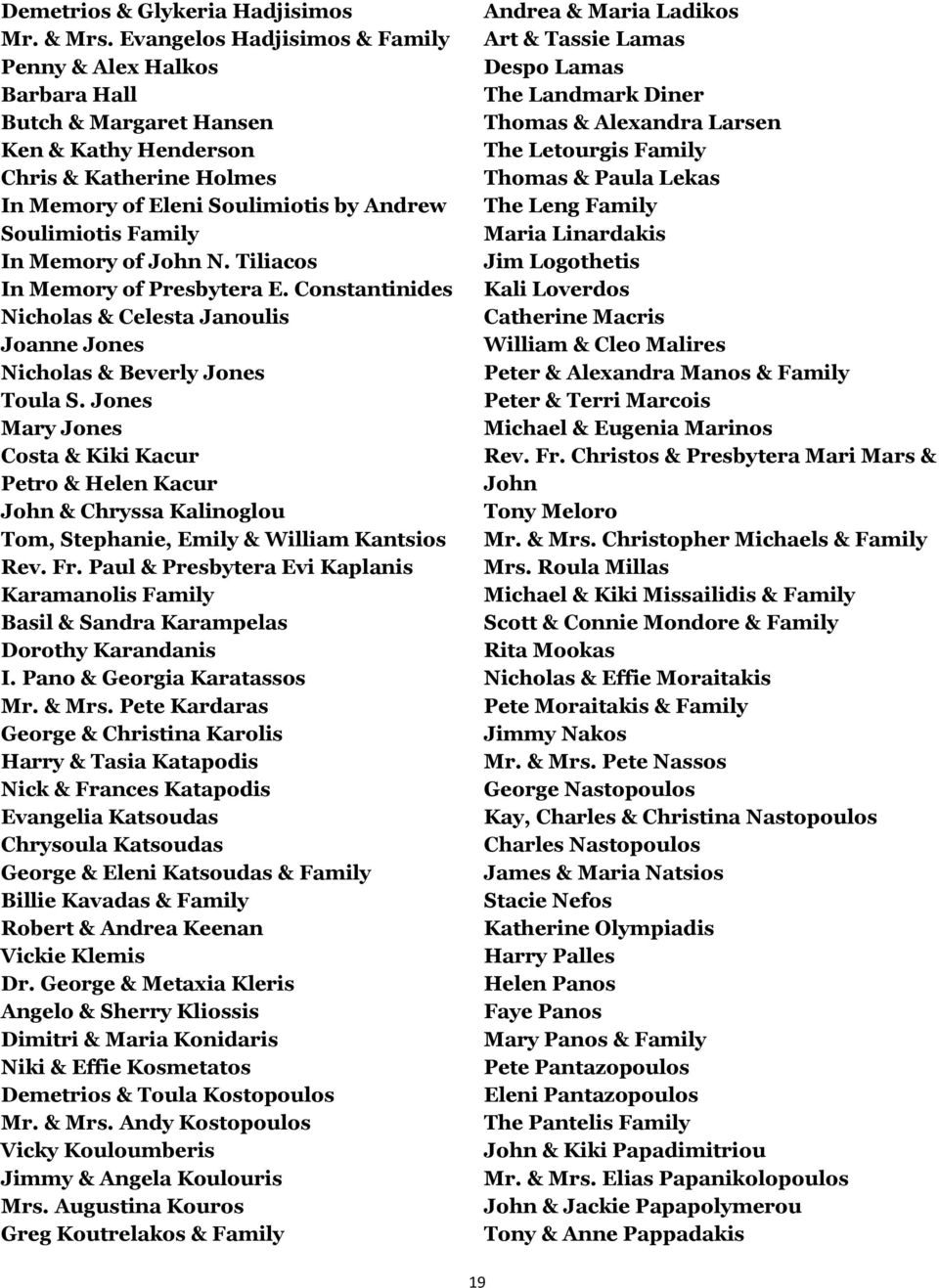 Memory of John N. Tiliacos In Memory of Presbytera E. Constantinides Nicholas & Celesta Janoulis Joanne Jones Nicholas & Beverly Jones Toula S.