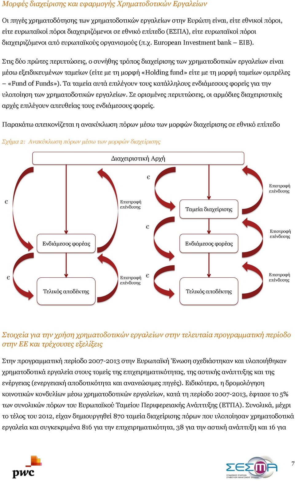 Στις δύο πρώτες περιπτώσεις, ο συνήθης τρόπος διαχείρισης των χρηματοδοτικών εργαλείων είναι μέσω εξειδικευμένων ταμείων (είτε με τη μορφή «Holding fund» είτε με τη μορφή ταμείων ομπρέλες «Fund of