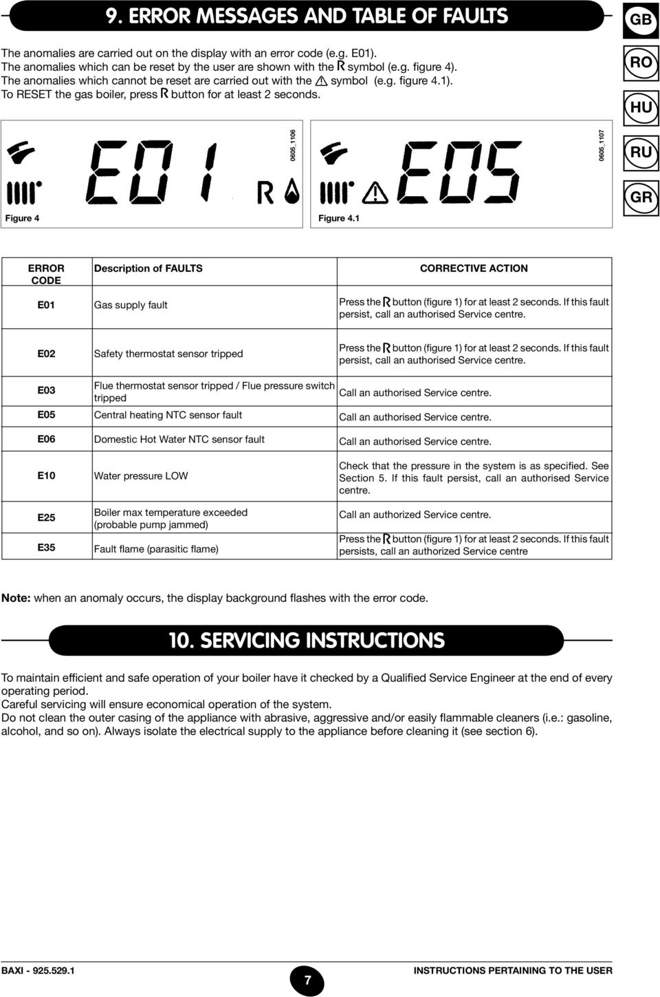 1 ERR CODE E01 Description of FAULTS Gas supply fault Corrective action Press the button (figure 1) for at least 2 seconds. If this fault persist, call an authorised Service centre.