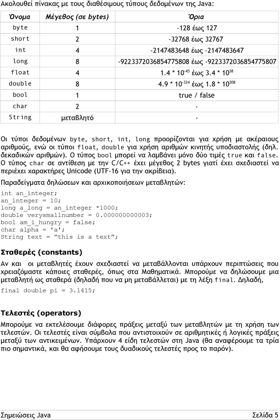 8 * 10 308 bool 1 true / false char 2 - String μεταβλητό - Οι τύποι δεδομένων byte, short, int, long προορίζονται για χρήση με ακέραιους αριθμούς, ενώ οι τύποι float, double για χρήση αριθμών κινητής