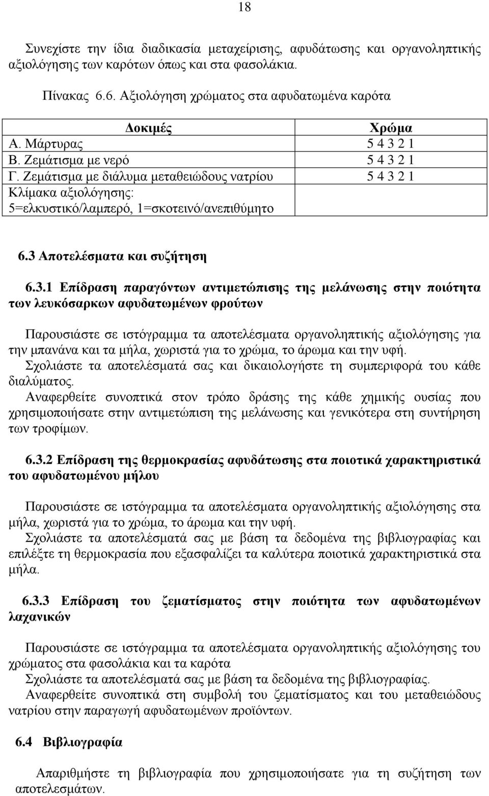 3 Αποτελέσματα και συζήτηση 6.3.1 Επίδραση παραγόντων αντιμετώπισης της μελάνωσης στην ποιότητα των λευκόσαρκων αφυδατωμένων φρούτων Παρουσιάστε σε ιστόγραμμα τα αποτελέσματα οργανοληπτικής