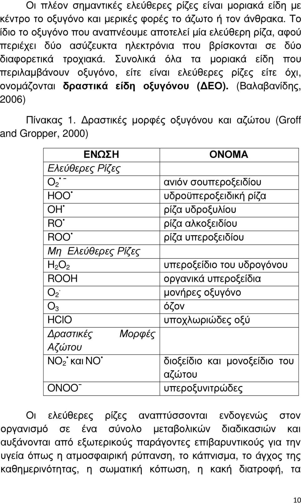 Συνολικά όλα τα µοριακά είδη που περιλαµβάνουν οξυγόνο, είτε είναι ελεύθερες ρίζες είτε όχι, ονοµάζονται δραστικά είδη οξυγόνου ( ΕΟ). (Βαλαβανίδης, 2006) Πίνακας 1.