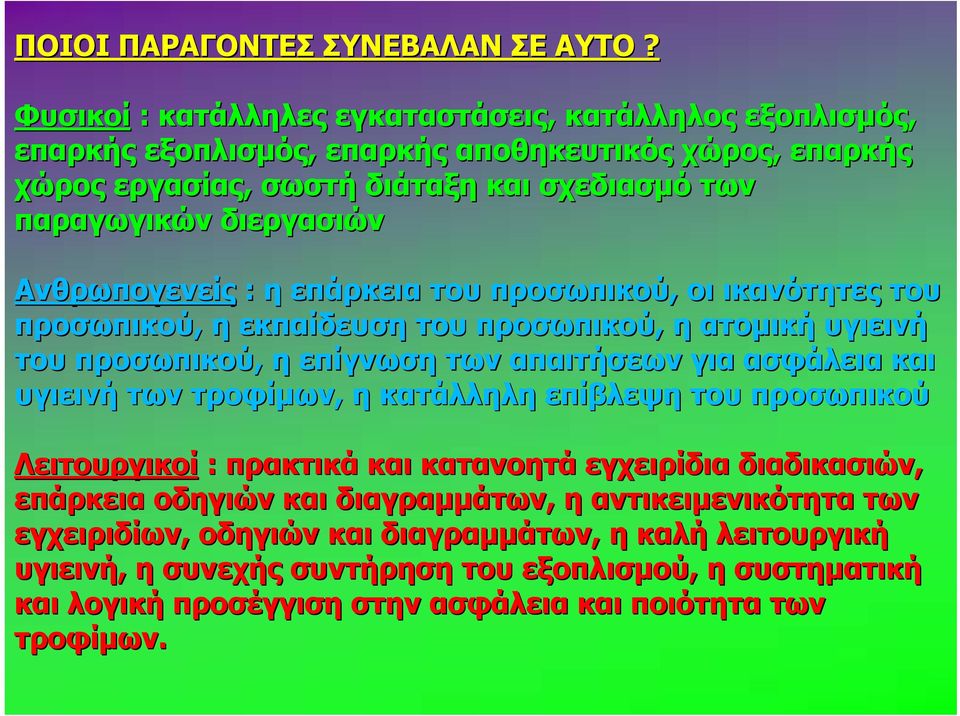 Ανθρωπογενείς : η επάρκεια του προσωπικού, οι ικανότητες του προσωπικού, η εκπαίδευση του προσωπικού, η ατομική υγιεινή του προσωπικού, η επίγνωση των απαιτήσεων για ασφάλεια και υγιεινή