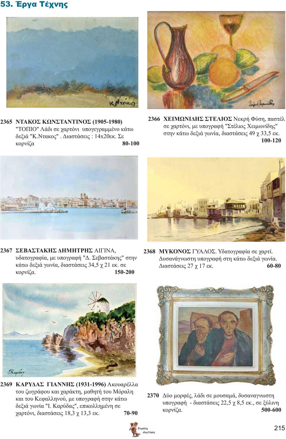 100-120 2367 ΣΕΒΑΣΤΑΚΗΣ ΔΗΜΗΤΡΗΣ ΑΙΓΙΝΑ, υδατογραφία, με υπογραφή "Δ. Σεβαστάκης" στην κάτω δεξιά γωνία, διαστάσεις 34,5 χ 21 εκ. σε κορνίζα. 150-200 2368 ΜΥΚΟΝΟΣ ΓΥΑΛΟΣ. Υδατογραφία σε χαρτί.
