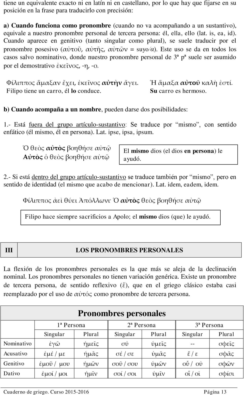 Cuando aparece en genitivo (tanto singular como plural), se suele traducir por el pronombre posesivo (αὐτοῦ, αὐτῆς, αὐτῶν = suyo/α).