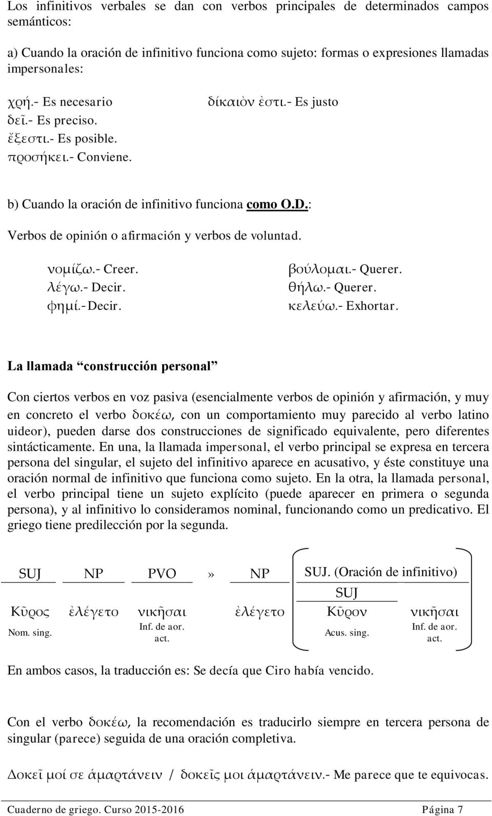 : Verbos de opinión o afirmación y verbos de voluntad. νομίζω.- Creer. λέγω.- Decir. φημί.- Decir. βούλομαι.- Querer. θήλω.- Querer. κελεύω.- Exhortar.