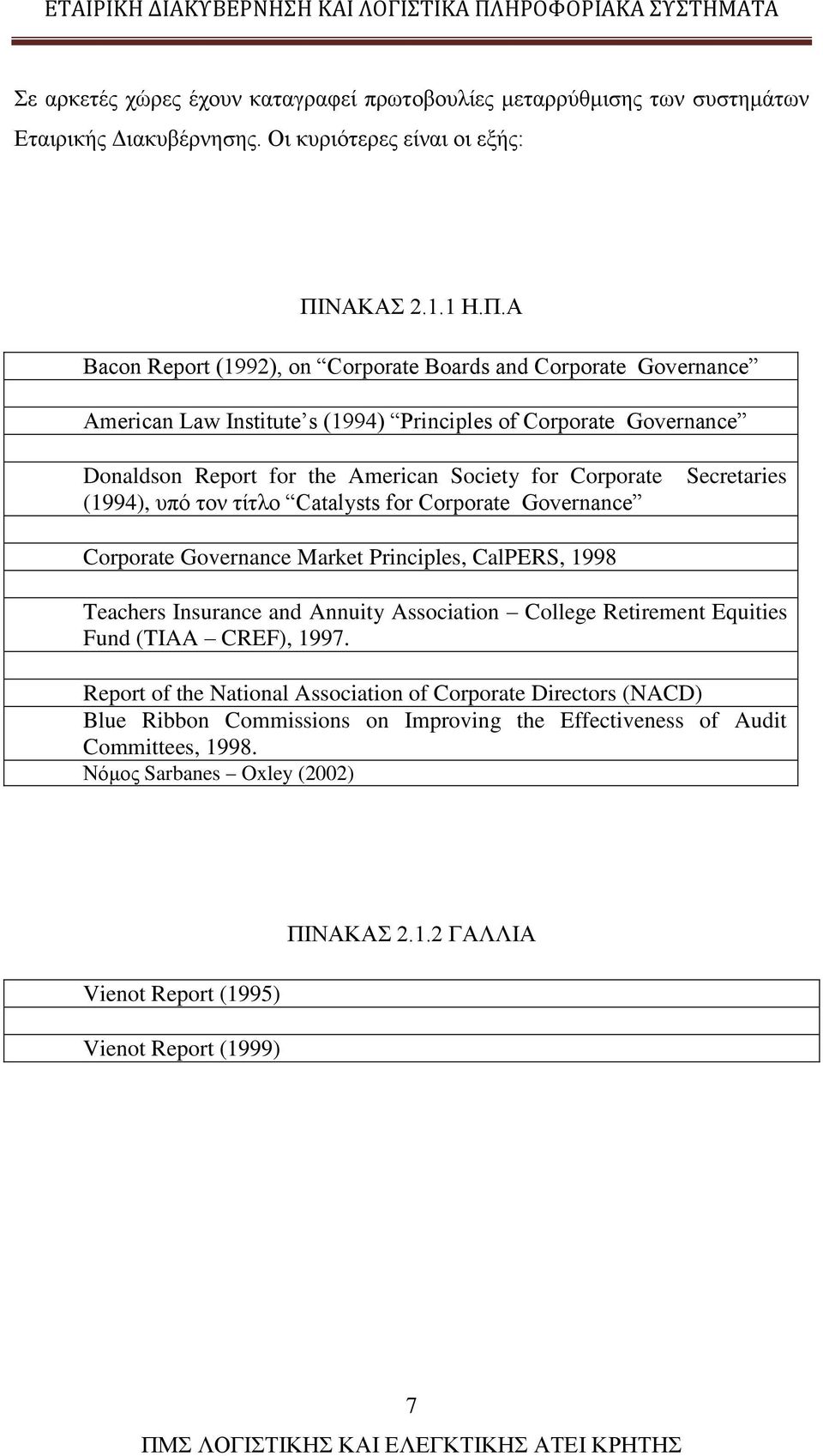 Α Bacon Report (1992), on Corporate Boards and Corporate Governance American Law Institute s (1994) Principles of Corporate Governance Donaldson Report for the American Society for Corporate (1994),