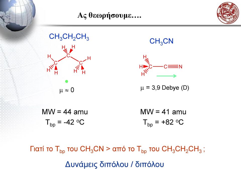 0 = 3,9 Debye (D) MW = 44 amu T bp = -42 o C MW = 41 amu