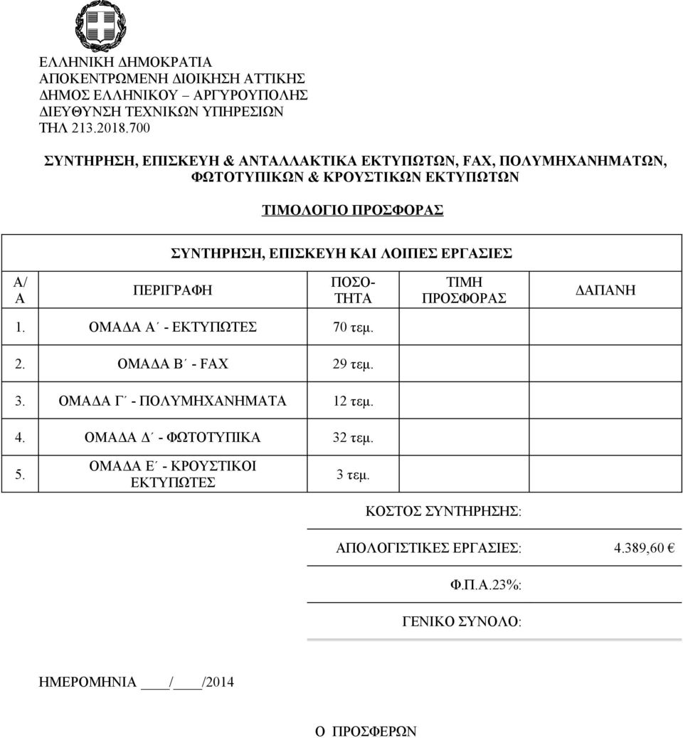 Α ΠΕΡΙΓΡΑΦΗ ΠΟΣΟ- ΤΗΤΑ ΤΙΜΗ ΠΡΟΣΦΟΡΑΣ ΔΑΠΑΝΗ ΟΜΑΔΑ Α - ΕΚΤΥΠΩΤΕΣ 70 τεμ ΟΜΑΔΑ Β - FAX 9 τεμ 3 ΟΜΑΔΑ Γ - ΠΟΛΥΜΗΧΑΝΗΜΑΤΑ τεμ 4 ΟΜΑΔΑ Δ -