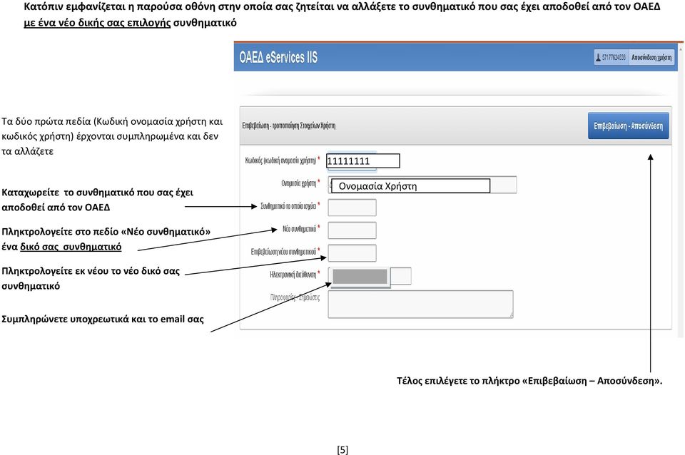 συνθηματικό που σας έχει αποδοθεί από τον ΟΑΕΔ 11111111 Ονομασία Χρήστη Πληκτρολογείτε στο πεδίο «Νέο συνθηματικό» ένα δικό σας συνθηματικό