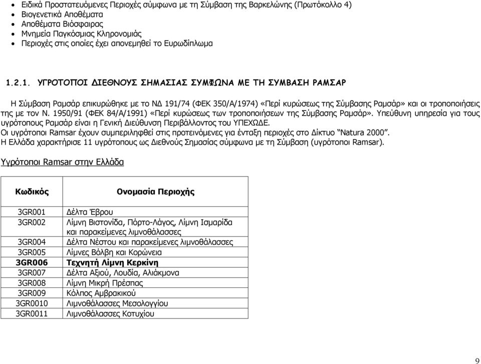 2.1. ΥΓΡΟΤΟΠΟΙ ΙΕΘΝΟΥΣ ΣΗΜΑΣΙΑΣ ΣΥΜΦΩΝΑ ΜΕ ΤΗ ΣΥΜΒΑΣΗ ΡΑΜΣΑΡ Η Σύμβαση Ραμσάρ επικυρώθηκε με το ΝΔ 191/74 (ΦΕΚ 350/Α/1974) «Περί κυρώσεως της Σύμβασης Ραμσάρ» και οι τροποποιήσεις της με τον Ν.