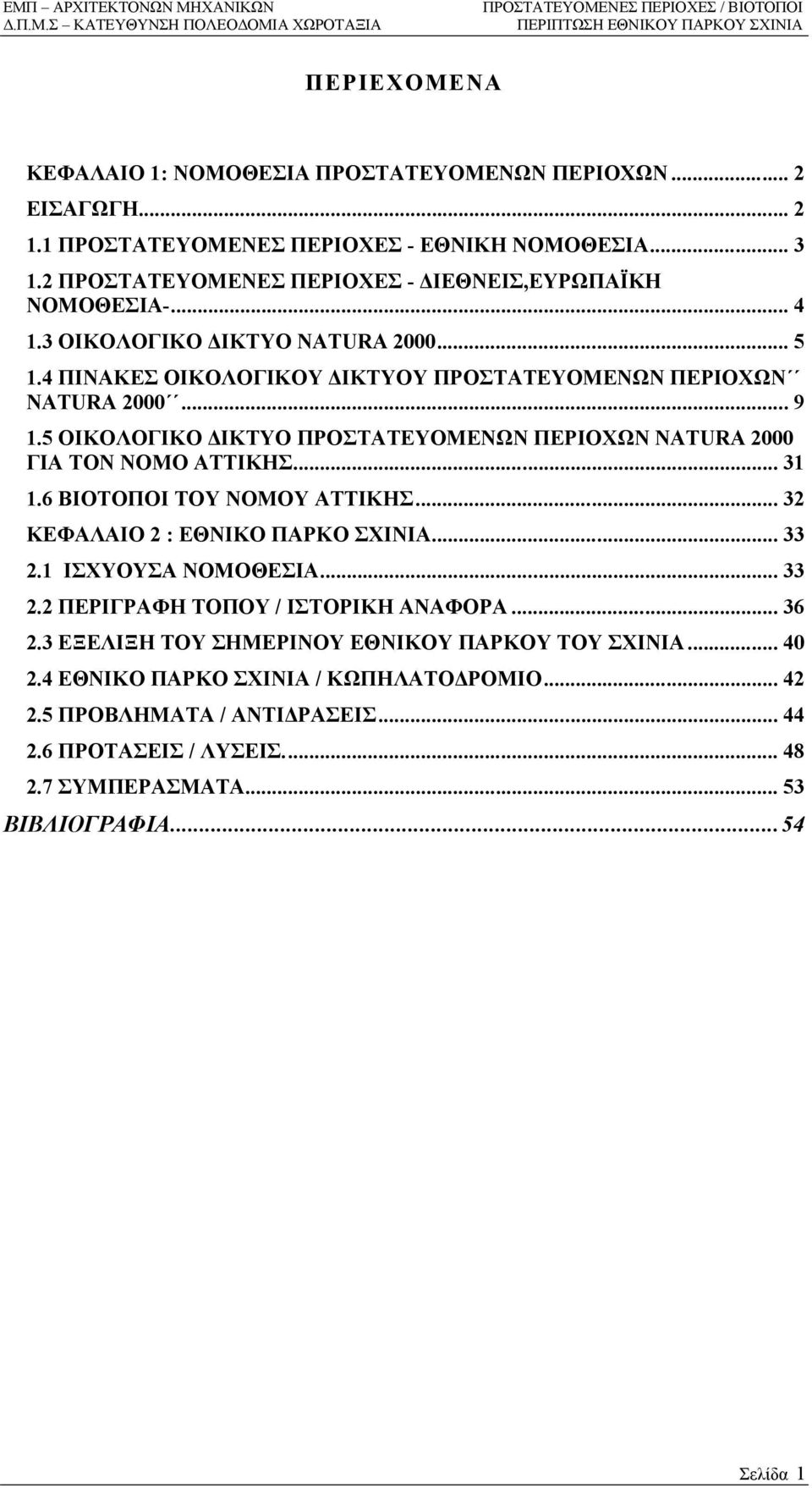 5 ΟΙΚΟΛΟΓΙΚΟ ΙΚΤΥΟ ΠΡΟΣΤΑΤΕΥΟΜΕΝΩΝ ΠΕΡΙΟΧΩN NATURA 2000 ΓΙΑ ΤΟΝ ΝΟΜΟ ΑΤΤΙΚΗΣ... 31 1.6 ΒΙΟΤΟΠΟΙ ΤΟΥ ΝΟΜΟΥ ΑΤΤΙΚΗΣ... 32 ΚΕΦΑΛΑΙΟ 2 : ΕΘΝΙΚΟ ΠΑΡΚΟ ΣΧΙΝΙΑ... 33 2.