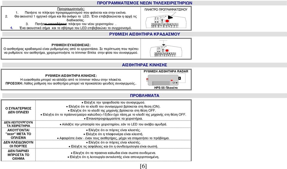 ΠΡΟΓΡΑΜΜΑΤΙΣΜΟΣ ΝΕΩΝ ΤΗΛΕΧΕΙΡΙΣΤΗΡΙΩΝ ΠΛΗΚΤΡΟ ΠΡΟΓΡΑΜΜΑΤΙΣΜΟΥ _ 2 1 + 20191111111211 10 9 2 1 ΡΥΘΜΙΣΗ ΑΙΣΘΗΤΗΡΑ ΚΡΑ ΑΣΜΟΥ ΡΥΘΜΙΣΗ ΕΥΑΙΣΘΗΣΙΑΣ: Ο αισθητήρας κραδασµού είναι ρυθµισµένος από το