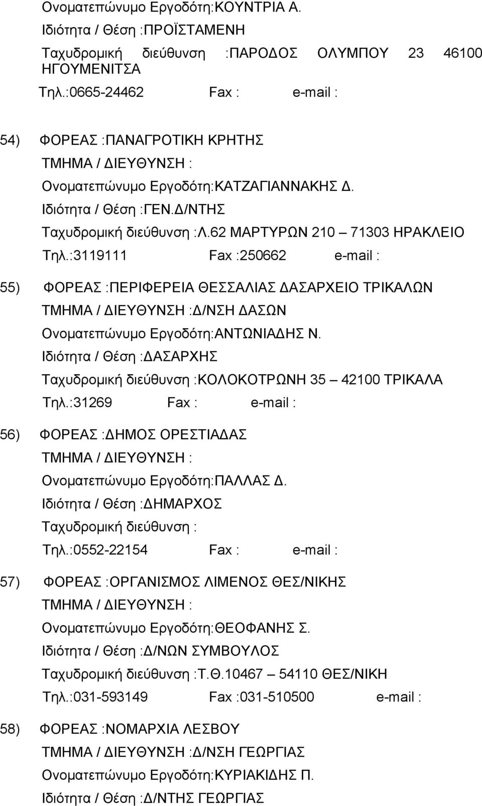 :3119111 Fax :250662 e-mail : 55) ΦΟΡΕΑΣ :ΠΕΡΙΦΕΡΕΙΑ ΘΕΣΣΑΛΙΑΣ ΔΑΣΑΡΧΕΙΟ ΤΡΙΚΑΛΩΝ Δ/ΝΣΗ ΔΑΣΩΝ Ονοματεπώνυμο Εργοδότη:ΑΝΤΩΝΙΑΔΗΣ Ν. ΔΑΣΑΡΧΗΣ Ταχυδρομική διεύθυνση :ΚΟΛΟΚΟΤΡΩΝΗ 35 42100 ΤΡΙΚΑΛΑ Τηλ.