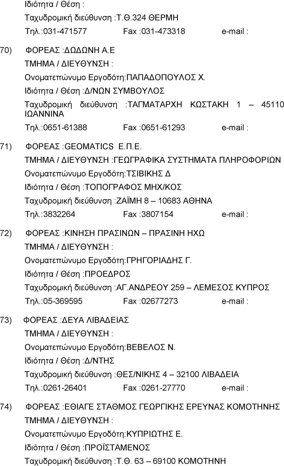 Σ :GEOMATICS Ε.Π.Ε. ΓΕΩΓΡΑΦΙΚΑ ΣΥΣΤΗΜΑΤΑ ΠΛΗΡΟΦΟΡΙΩΝ Ονοματεπώνυμο Εργοδότη:ΤΣΙΒΙΚΗΣ Δ ΤΟΠΟΓΡΑΦΟΣ ΜΗΧ/ΚΟΣ Ταχυδρομική διεύθυνση :ΖΑΪΜΗ 8 10683 ΑΘΗΝΑ Τηλ.