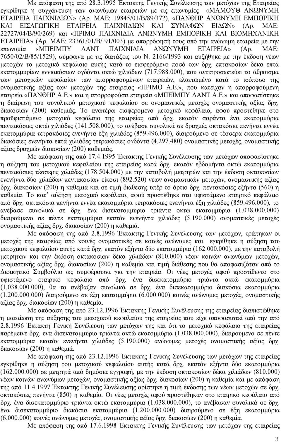 ΜΑΕ: 22727/04/Β/90/269) και «ΠΡΙΜΟ ΠΑΙΧΝΙΔΙΑ ΑΝΩΝΥΜΗ ΕΜΠΟΡΙΚΗ ΚΑΙ ΒΙΟΜΗΧΑΝΙΚΗ ΕΤΑΙΡΕΙΑ» (Αρ.