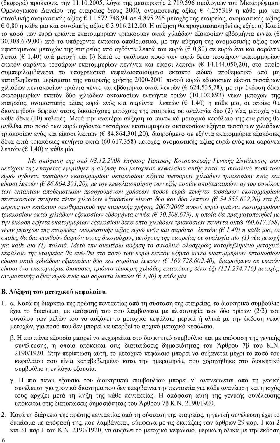 265 μετοχές της εταιρείας, ονομαστικής αξίας 0,80 η κάθε μια και συνολικής αξίας 3.916.212,00.