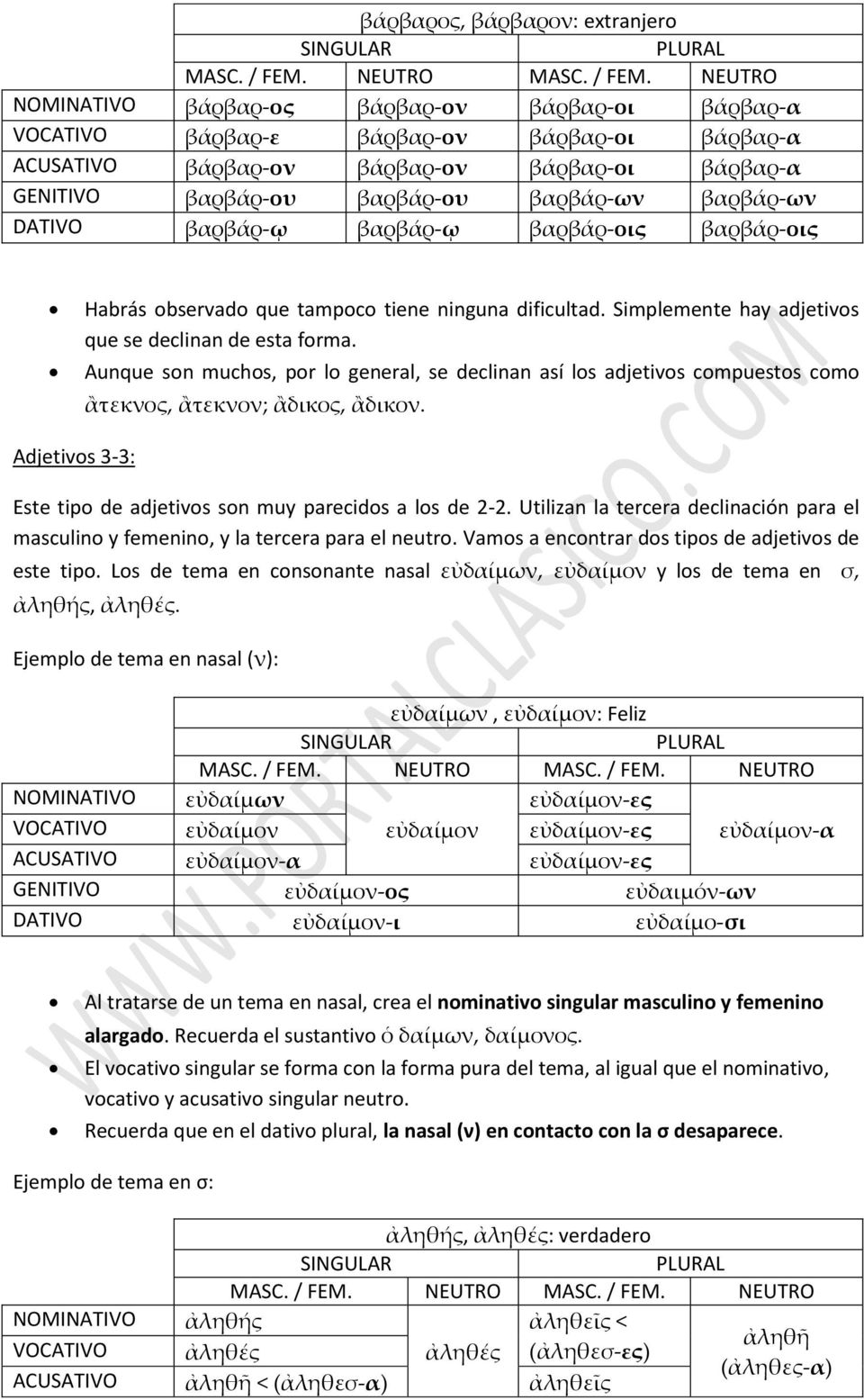 Aunque son muchos, por lo general, se declinan así los adjetivos compuestos como ἂτεκνος, ἂτεκνον; ἂδικος, ἂδικον. Adjetivos 3-3: Este tipo de adjetivos son muy parecidos a los de 2-2.