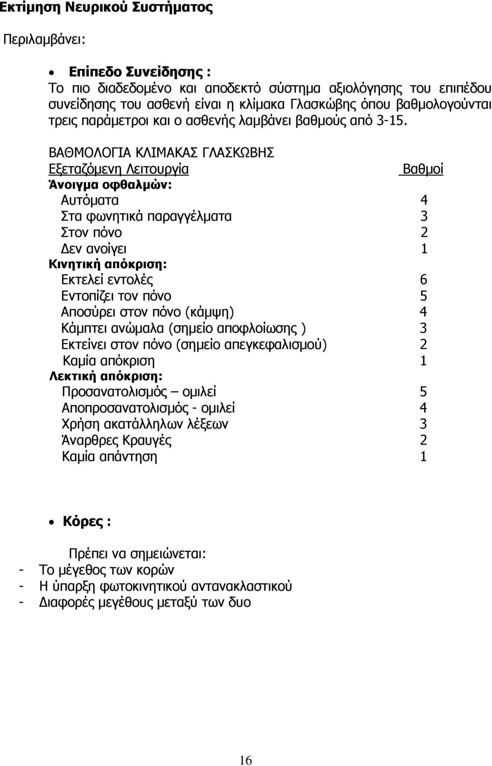 ΒΑΘΜΟΛΟΓΙΑ ΚΛΙΜΑΚΑΣ ΓΛΑΣΚΩΒΗΣ Εξεταζόμενη Λειτουργία Βαθμοί Άνοιγμα οφθαλμών: Αυτόματα 4 Στα φωνητικά παραγγέλματα 3 Στον πόνο 2 Δεν ανοίγει 1 Κινητική απόκριση: Εκτελεί εντολές 6 Εντοπίζει τον πόνο