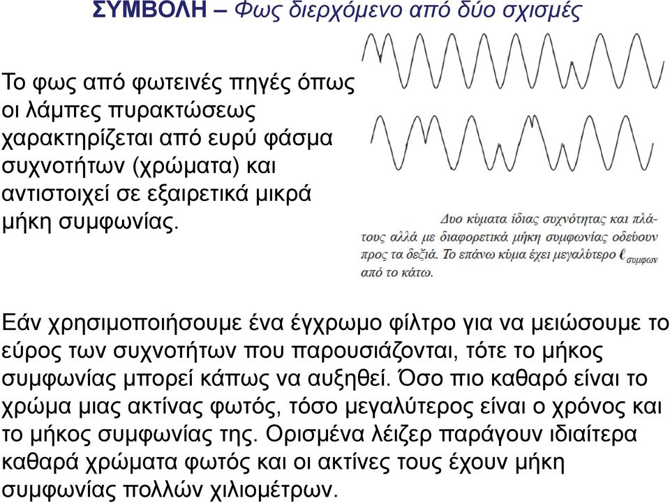 Εάν χρησιμοποιήσουμε ένα έγχρωμο φίλτρο για να μειώσουμε το εύρος των συχνοτήτων που παρουσιάζονται, τότε το μήκος συμφωνίας μπορεί κάπως να