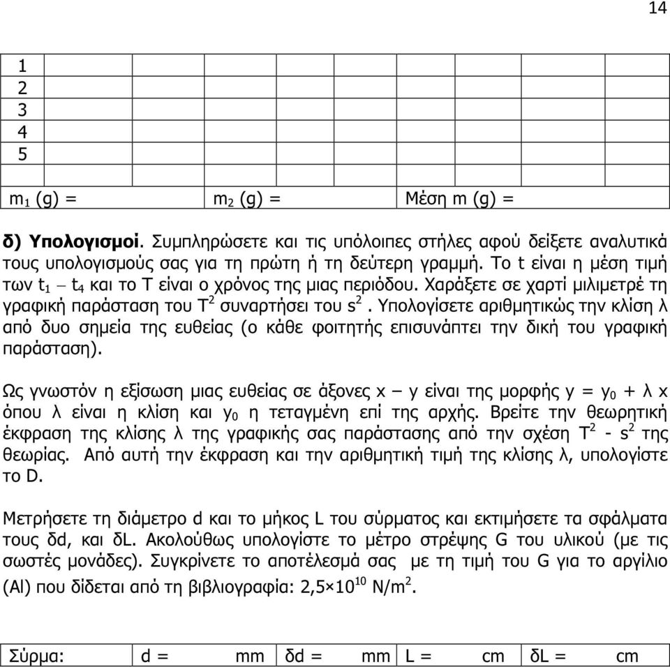 Υπολογίσετε αριθµητικώς την κλίση λ από δυο σηµεία της ευθείας (ο κάθε φοιτητής επισυνάπτει την δική του γραφική παράσταση).