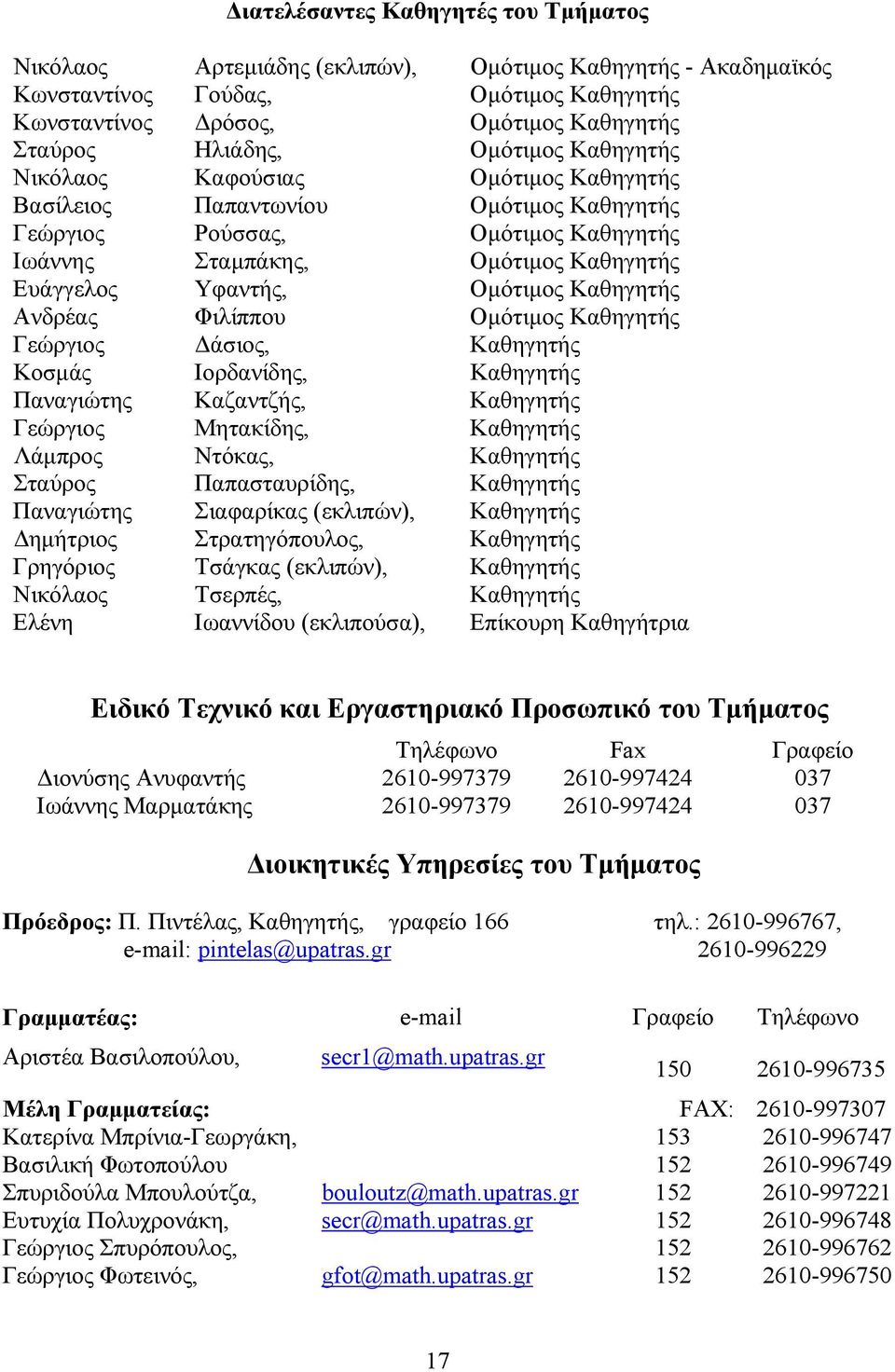 Ομότιμος Καθηγητής Ανδρέας Φιλίππου Ομότιμος Καθηγητής Γεώργιος Δάσιος, Καθηγητής Κοσμάς Ιορδανίδης, Καθηγητής Παναγιώτης Καζαντζής, Καθηγητής Γεώργιος Μητακίδης, Καθηγητής Λάμπρος Ντόκας, Καθηγητής