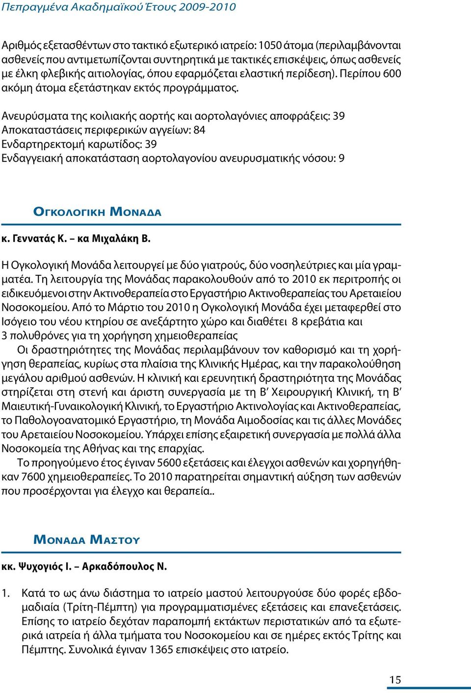 Ανευρύσματα της κοιλιακής αορτής και αορτολαγόνιες αποφράξεις: 39 Αποκαταστάσεις περιφερικών αγγείων: 84 Ενδαρτηρεκτομή καρωτίδος: 39 Ενδαγγειακή αποκατάσταση αορτολαγονίου ανευρυσματικής νόσου: 9