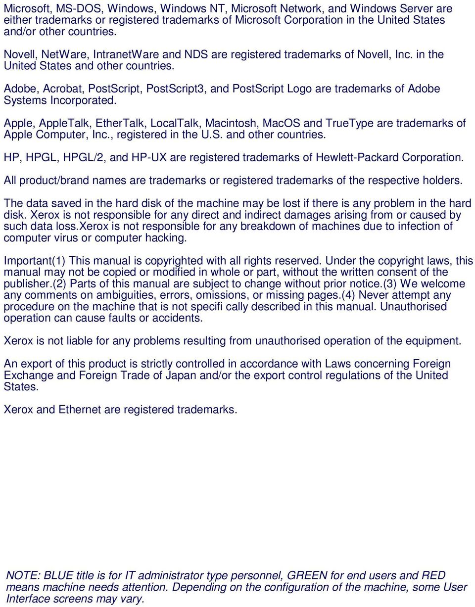 Adobe, Acrobat, PostScript, PostScript3, and PostScript Logo are trademarks of Adobe Systems Incorporated.