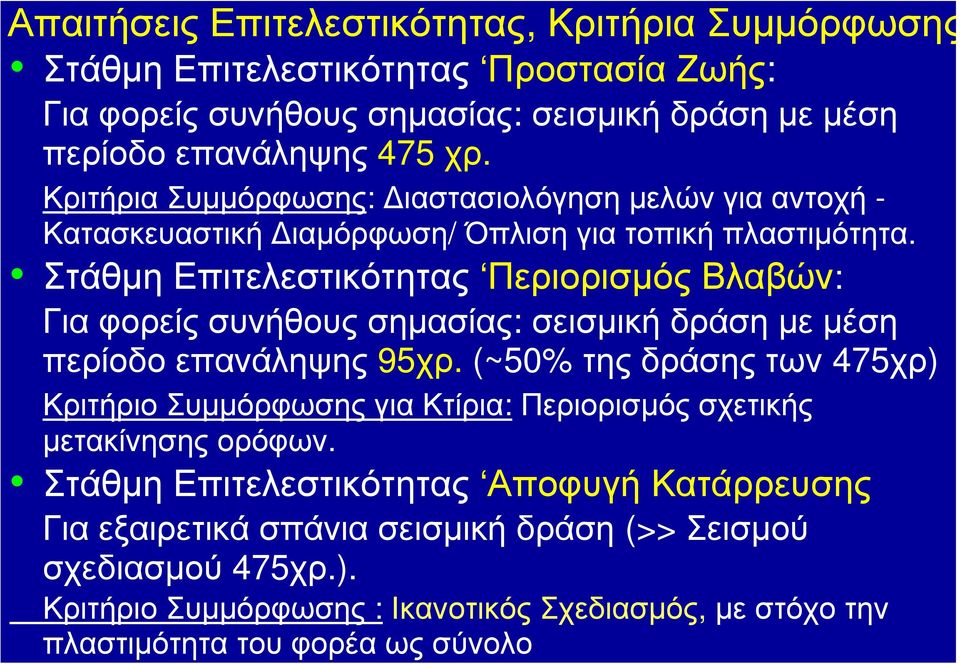 Στάθμη Επιτελεστικότητας Περιορισμός Βλαβών: Γιαφορείςσυνήθουςσημασίας: σεισμική δράση με μέση περίοδο επανάληψης 95χρ.