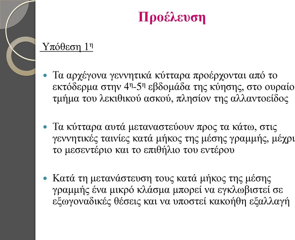 γεννητικές ταινίες κατά μήκος της μέσης γραμμής, μέχρι το μεσεντέριο και το επιθήλιο του εντέρου Κατά τη μετανάστευση