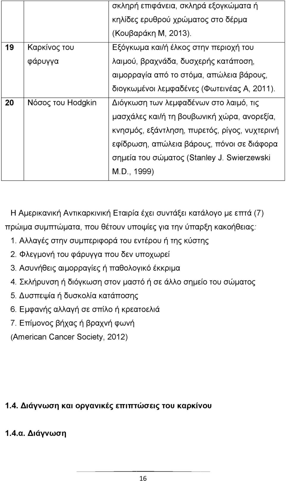 20 Νόσος του Hodgkin Διόγκωση των λεμφαδένων στο λαιμό, τις μασχάλες και/ή τη βουβωνική χώρα, ανορεξία, κνησμός, εξάντληση, πυρετός, ρίγος, νυχτερινή εφίδρωση, απώλεια βάρους, πόνοι σε διάφορα σημεία