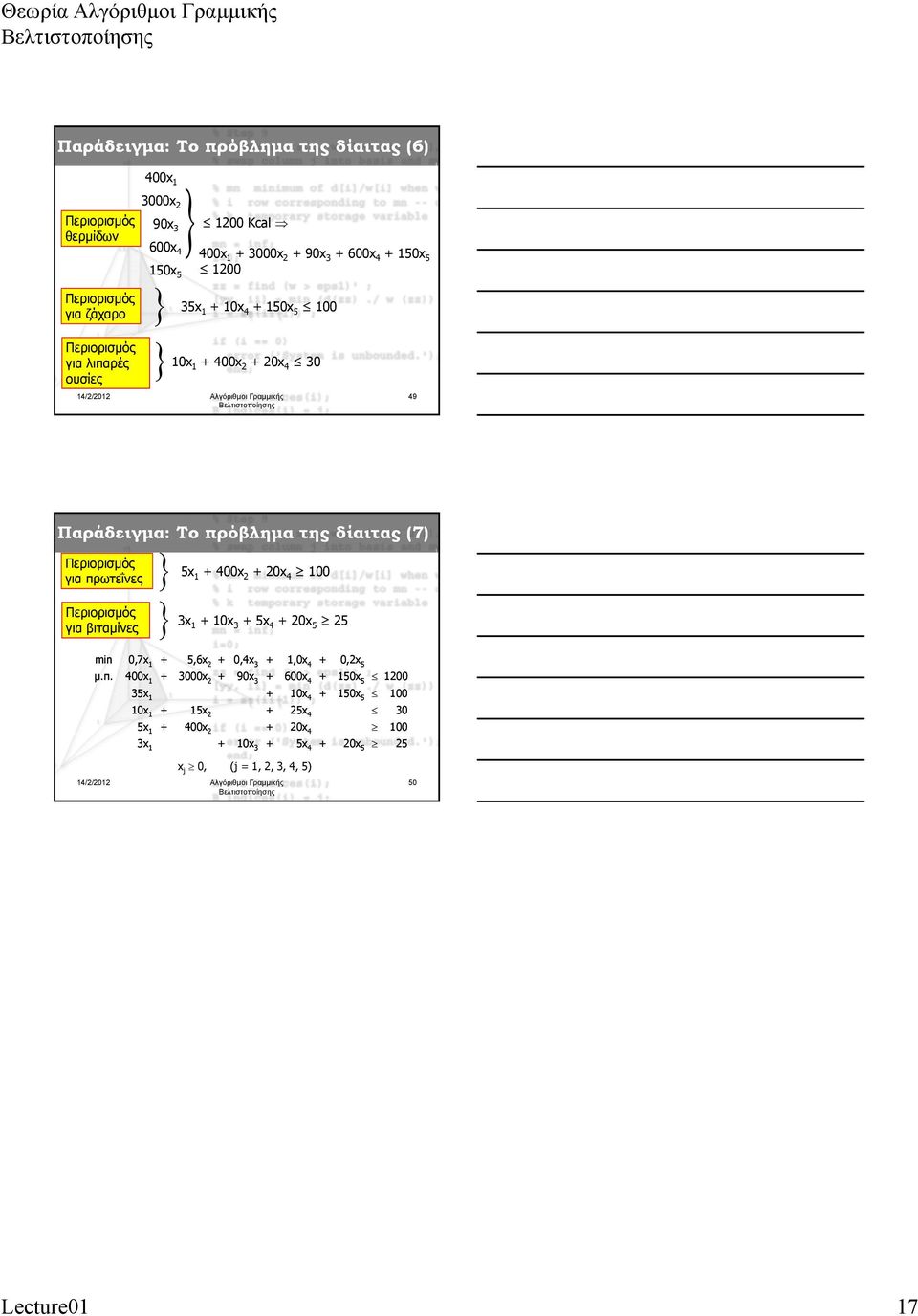 400x 2 + 20x 4 100 Περιορισμός για βιταμίνες 3x 1 + 10x 3 + 5x 4 + 20x 5 25 min 07 0,7x 1 + 56 5,6x 2 + 04 0,4x 3 + 10 1,0x 4 + 02 0,2x 5 μ.π.