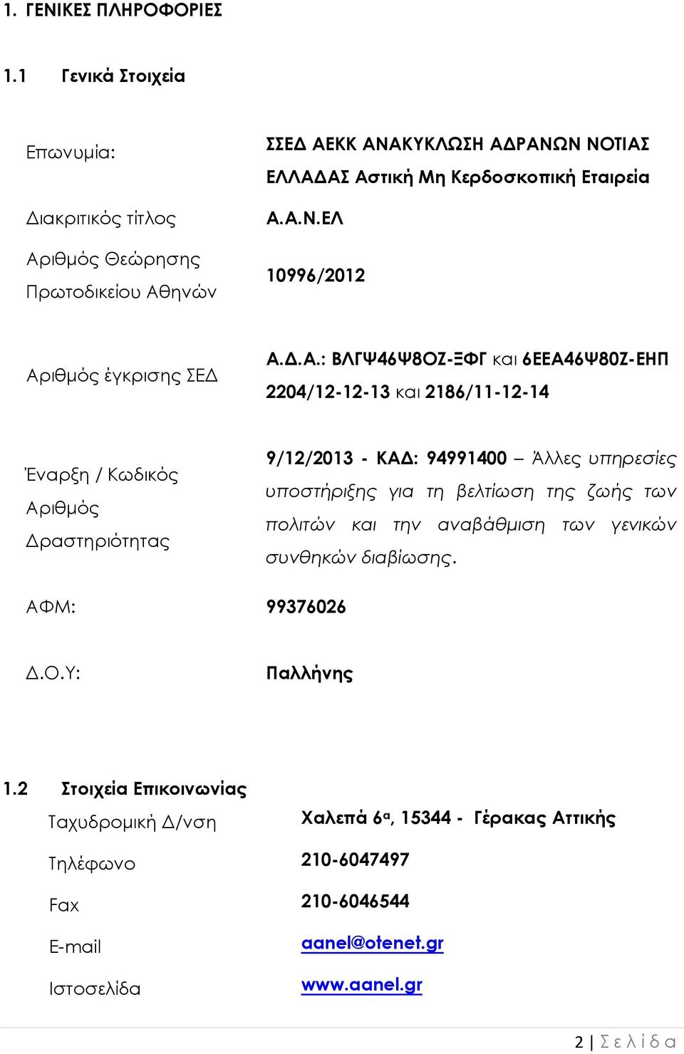 .Α.: ΒΛΓΨ46Ψ8ΟΖ-ΞΦΓ και 6ΕΕΑ46Ψ80Ζ-ΕΗΠ 2204/12-12-13 και 2186/11-12-14 Έναρξη / Κωδικός Αριθµός ραστηριότητας 9/12/2013 - ΚΑ : 94991400 Άλλες υπηρεσίες υποστήριξης για τη