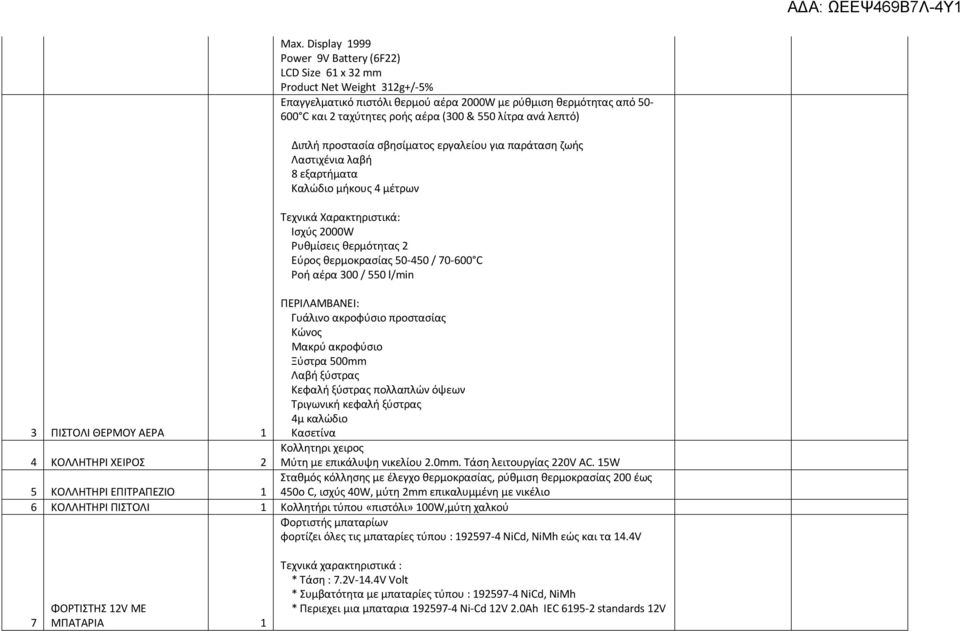 θερμοκρασίας 50-450 / 70-600 C Ροή αέρα 300 / 550 l/min ΠΕΡΙΛΑΜΒΑΝΕΙ: Γυάλινο ακροφύσιο προστασίας Κώνος Μακρύ ακροφύσιο Ξύστρα 500mm Λαβή ξύστρας Κεφαλή ξύστρας πολλαπλών όψεων Τριγωνική κεφαλή