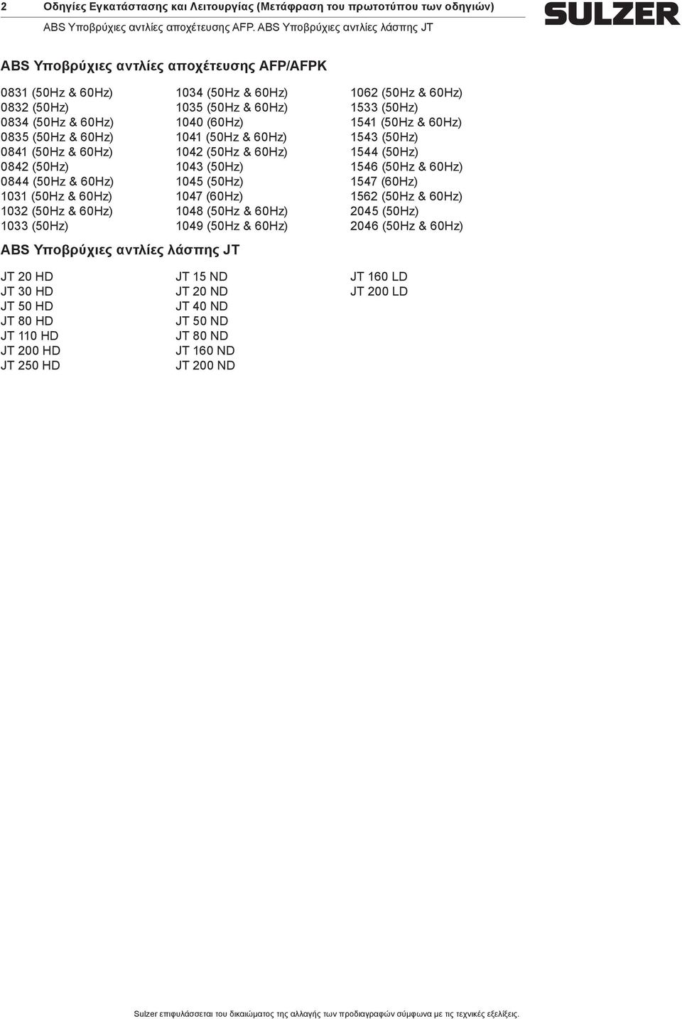 1546 (50Hz & 60Hz) 0844 (50Hz & 60Hz) 1045 (50Hz) 1547 (60Hz) 1031 (50Hz & 60Hz) 1047 (60Hz) 1562 (50Hz & 60Hz) 1032 (50Hz & 60Hz) 1048 (50Hz & 60Hz) 2045 (50Hz) 1033 (50Hz) 1049 (50Hz & 60Hz) 2046